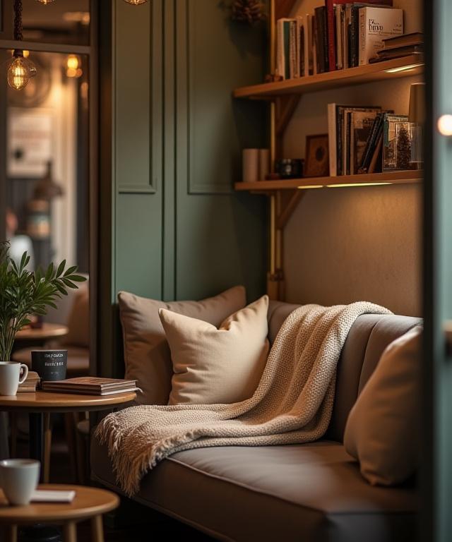 Un coin lecture confortable dans le café avec des livres et une lumière douce.